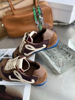 Loewe Brown, Cream & Blue Suede Logo Sneakers